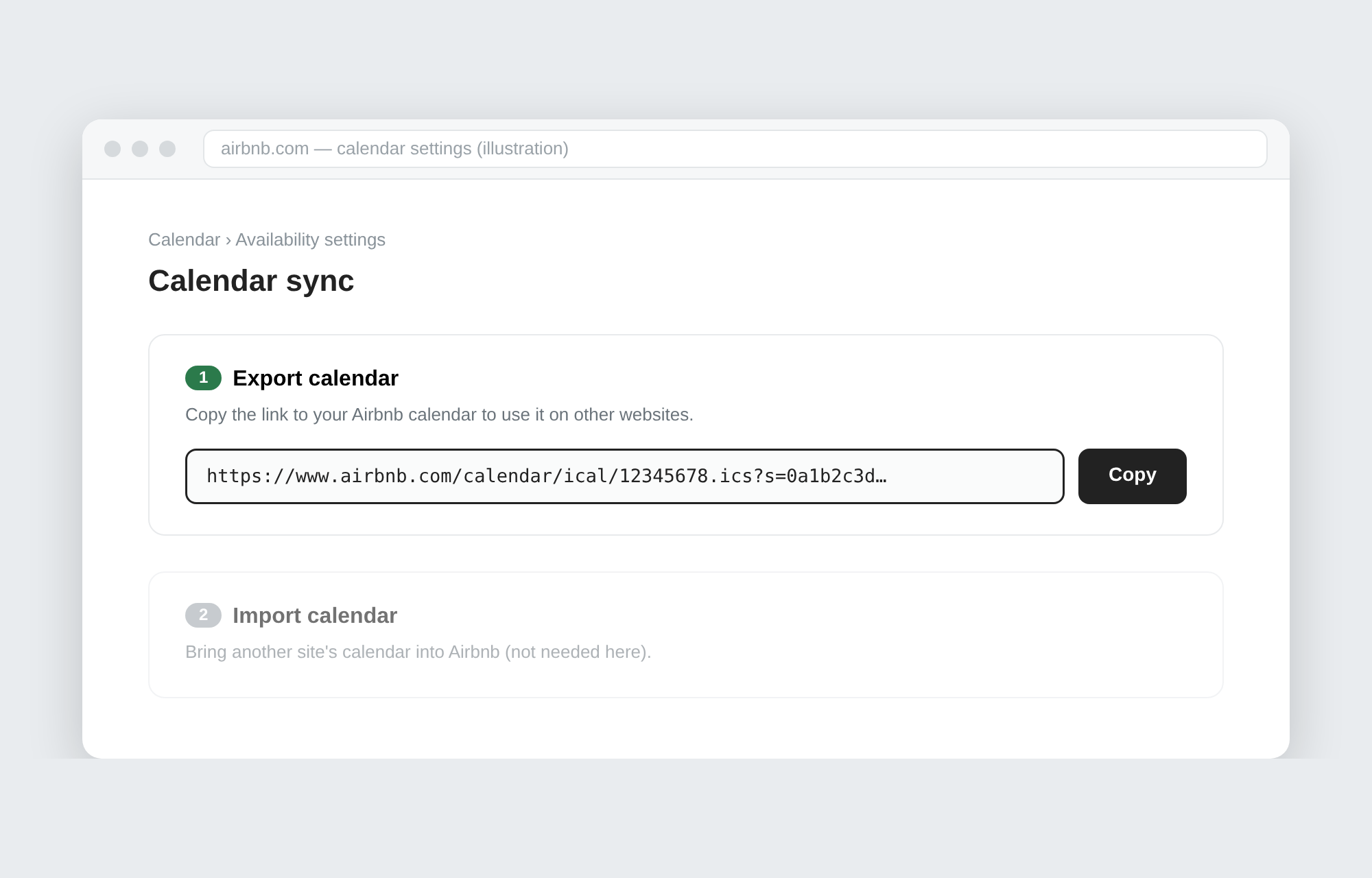 Illustration of the export-calendar screen with an iCal URL and a copy button