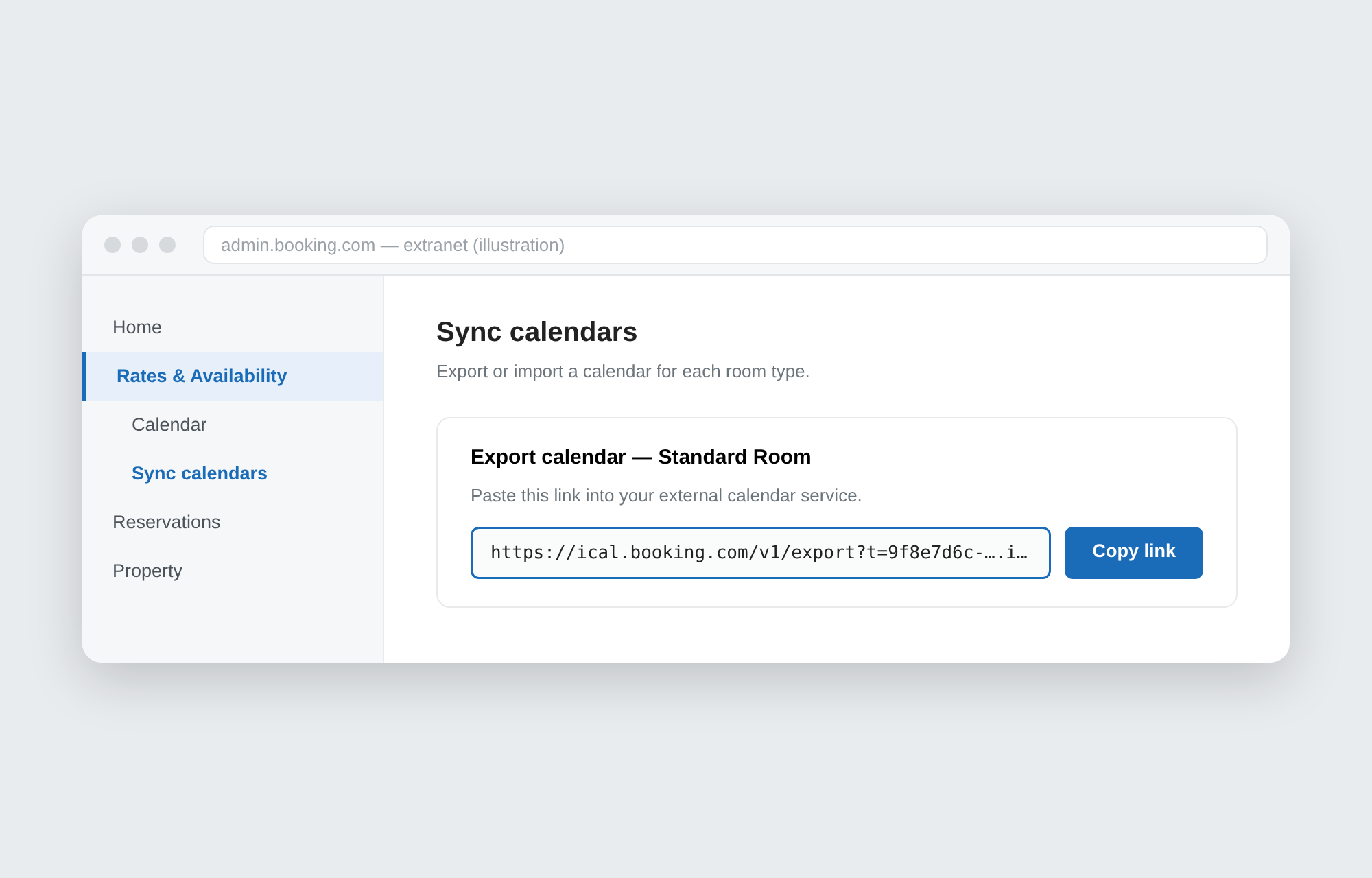 Illustration of the extranet sync-calendars screen with a per-room-type export URL